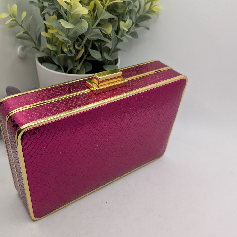 Michael Kors Metallic Fuchsia Snake-Texture Box Clutch with Gold Trim